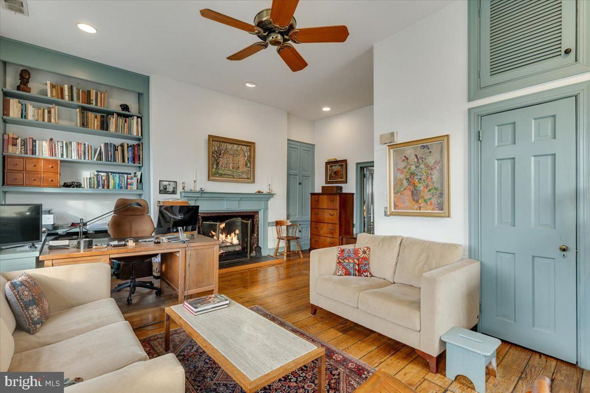 Fireplace, Home Office, Interior, Recessed Lighting, Wood Texture Flooring