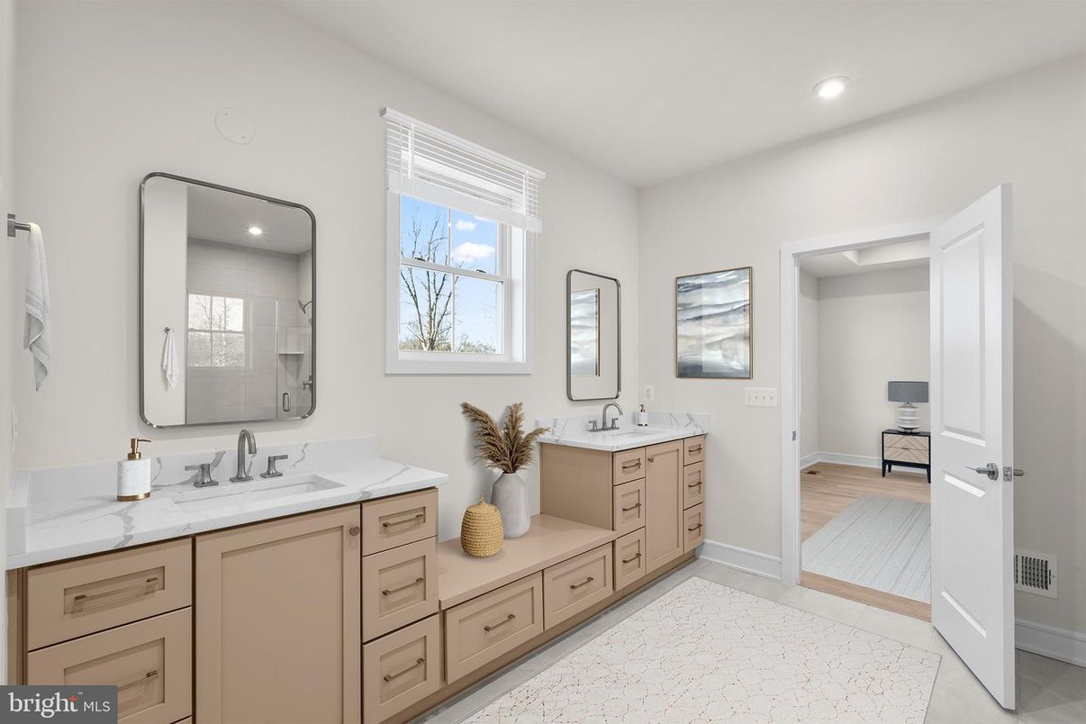 Bathroom, Dual Sink Vanities, Interior, Recessed Lighting, Wood Texture Flooring