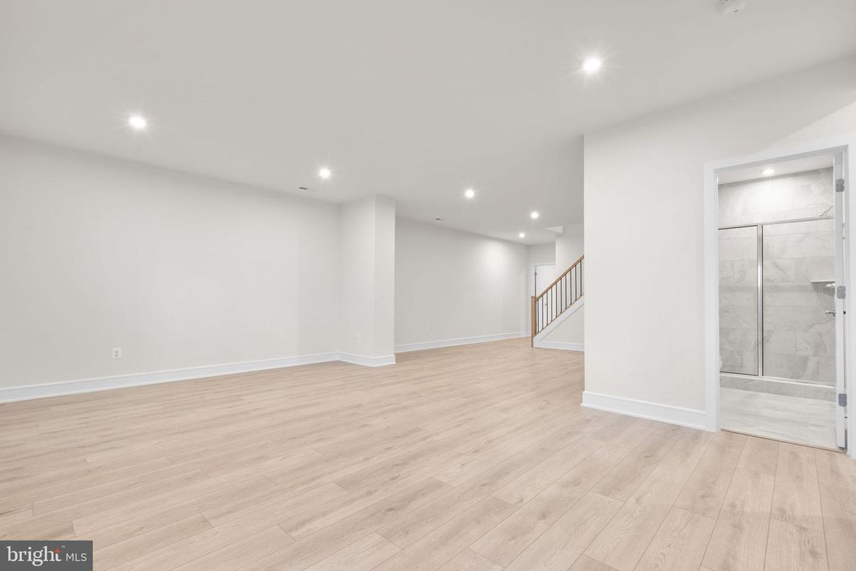 Bathroom, Empty room, Interior, Recessed Lighting, Wood Texture Flooring