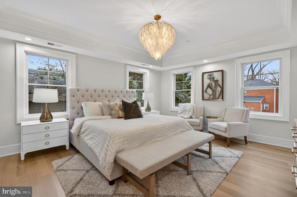 Bedroom, Chandelier, Interior, Recessed Lighting, Wood Texture Flooring