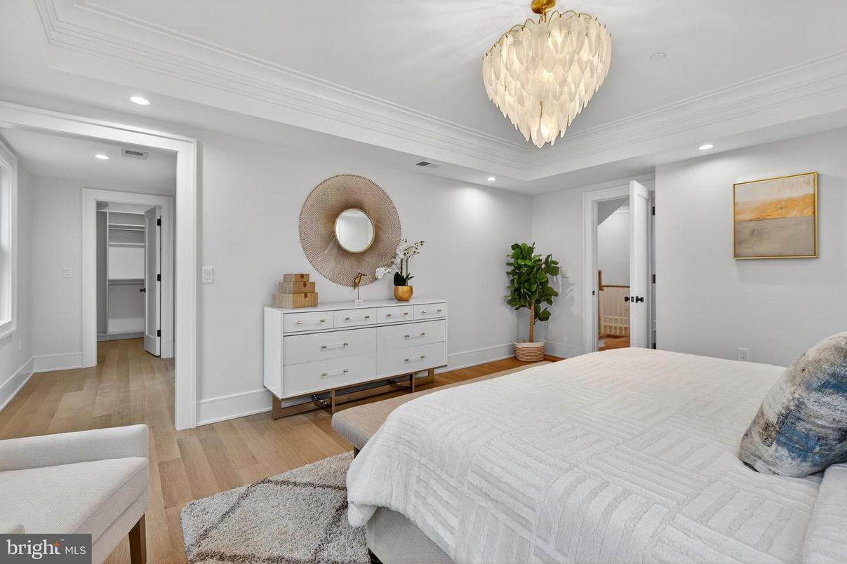 Bedroom, Chandelier, Interior, Recessed Lighting, Wood Texture Flooring