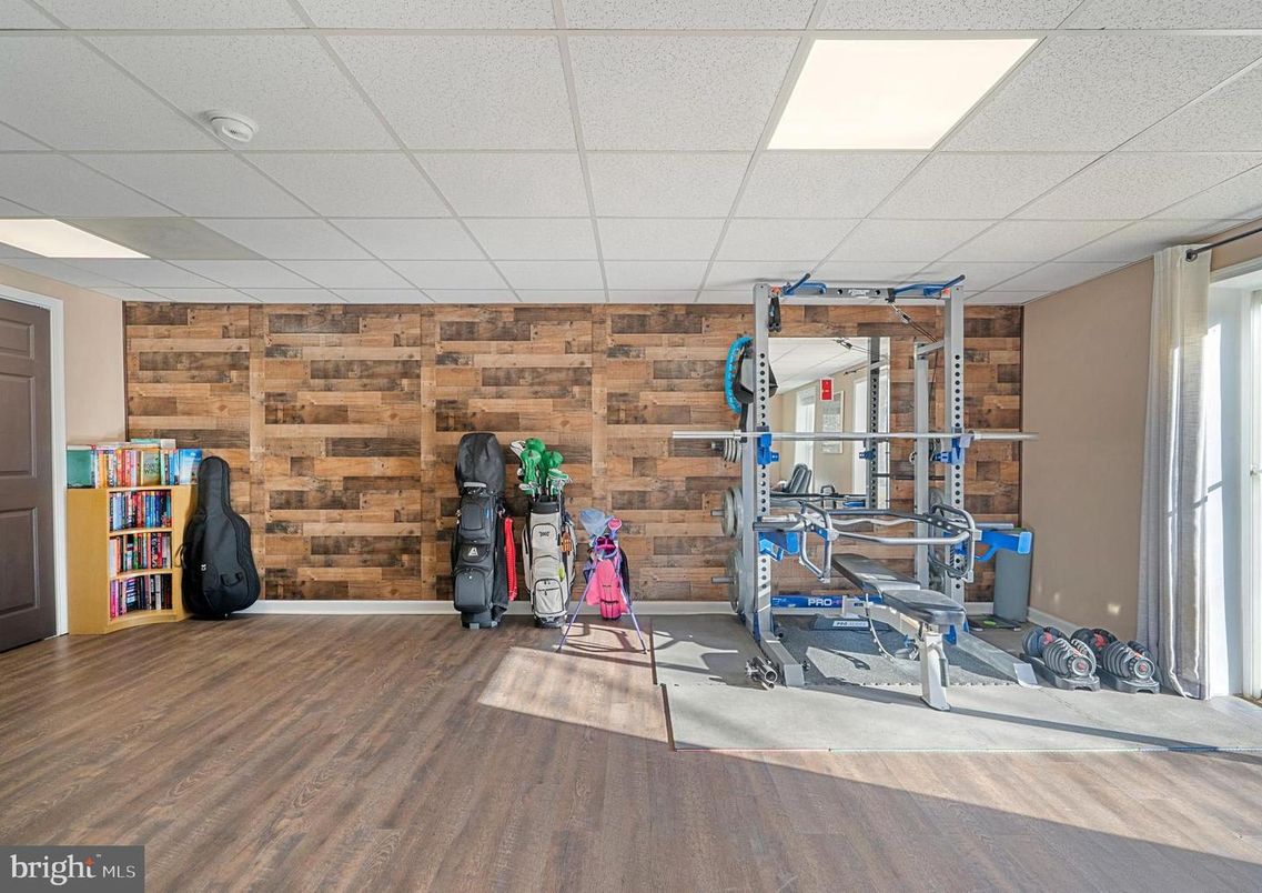 Fitness Equipment, Interior, Recessed Lighting, Wood Texture Flooring, Wooden Walls