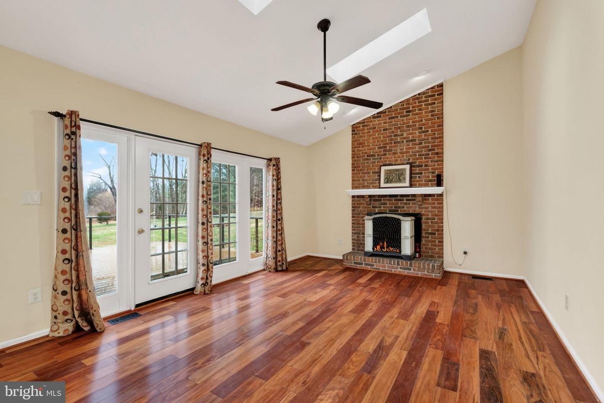 Empty room, Fireplace, Interior, Stone Walls, Wood Texture Flooring