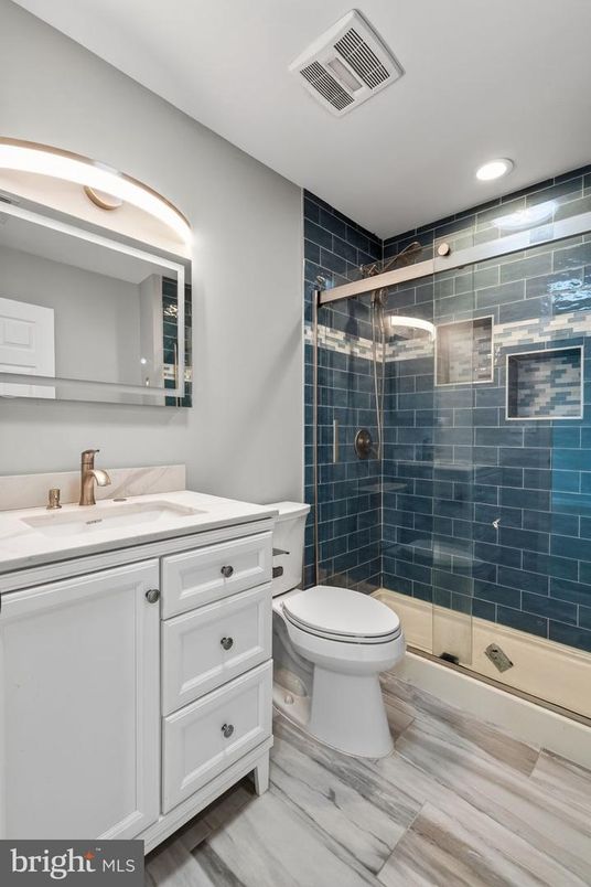 Bathroom, Glass Shower, Interior, Recessed Lighting, Wood Texture Flooring