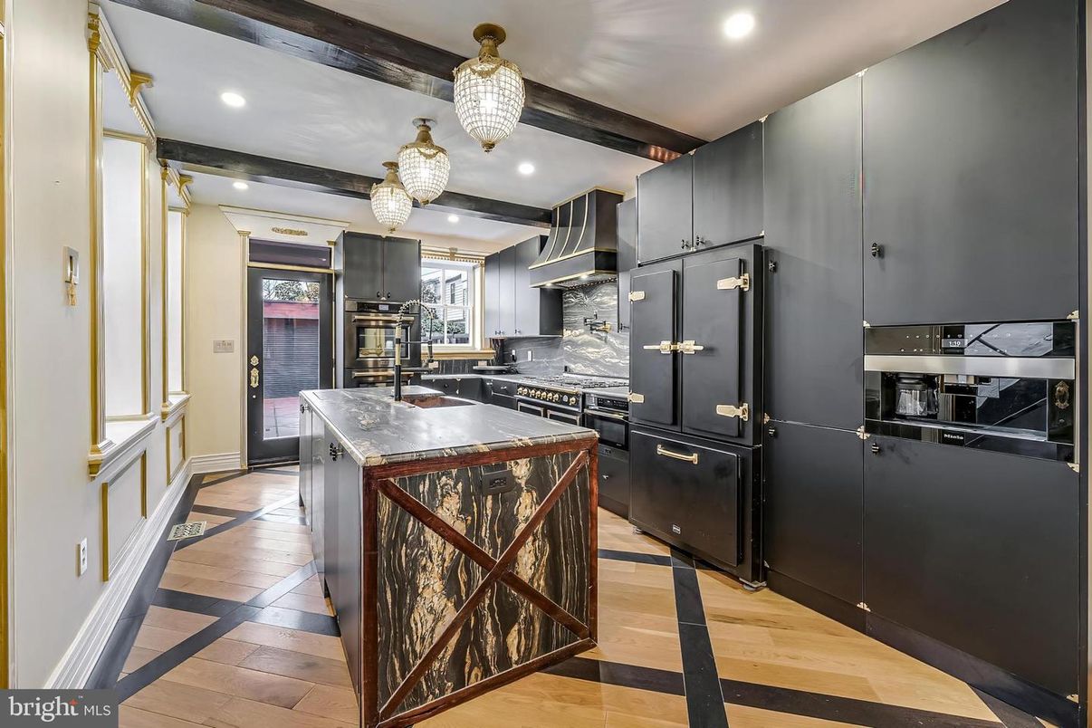 Interior, Kitchen, Pendant Lights, Recessed Lighting, Stainless Steel Appliances, Wooden Beams, Wood Texture Flooring