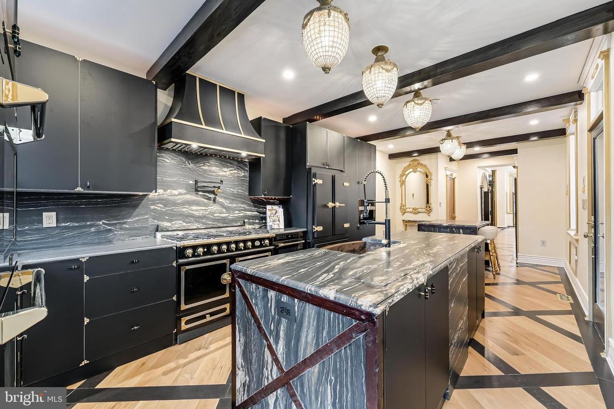 Interior, Kitchen, Pendant Lights, Recessed Lighting, Stainless Steel Appliances, Wooden Beams, Wood Texture Flooring