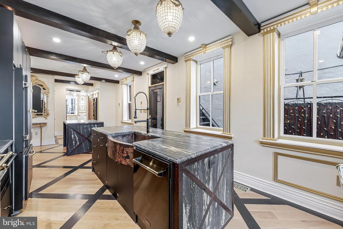 Chandelier, Interior, Recessed Lighting, Wooden Beams, Wood Texture Flooring