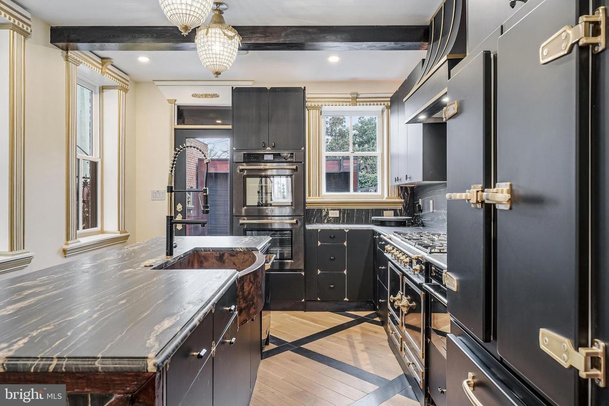 Chandelier, Interior, Kitchen, Recessed Lighting, Stainless Steel Appliances, Wood Texture Flooring