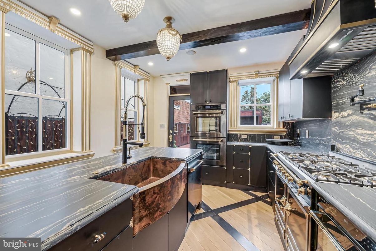Chandelier, Interior, Kitchen, Recessed Lighting, Stainless Steel Appliances, Wooden Beams, Wood Texture Flooring