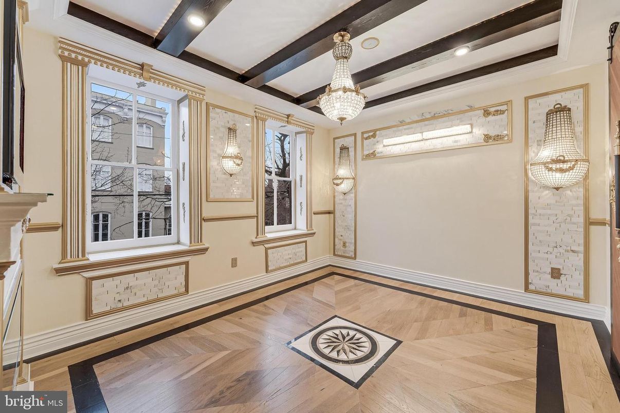 Chandelier, Empty room, Interior, Recessed Lighting, Wooden Beams, Wood Texture Flooring