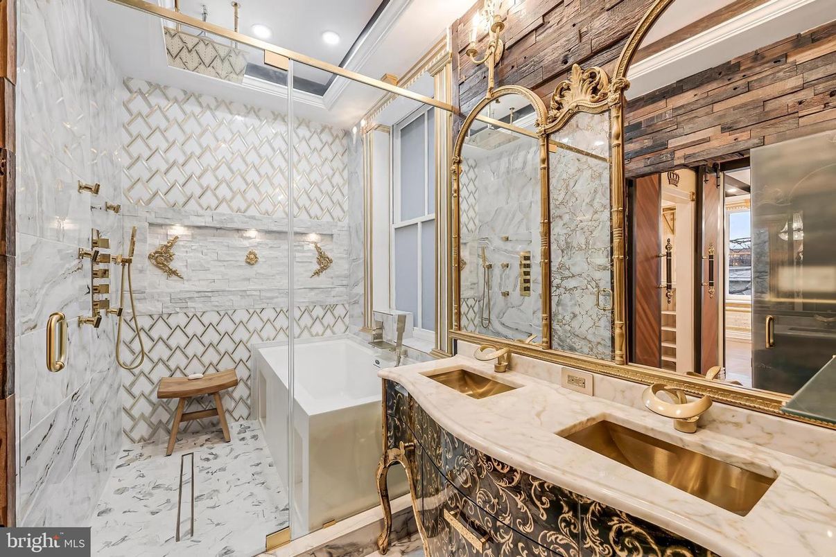 Bathroom, Glass Shower, Interior, Marble, Recessed Lighting, Wooden Walls