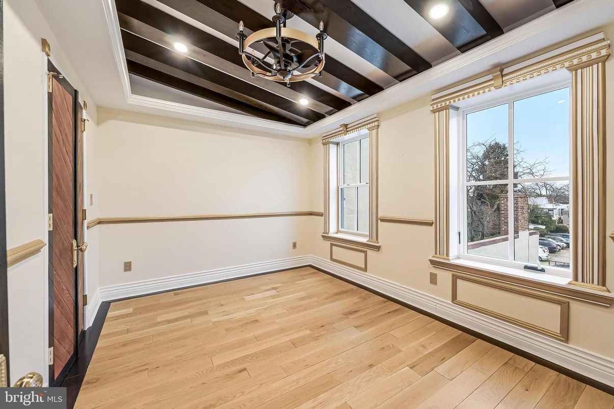 Chandelier, Empty room, Interior, Recessed Lighting, Wooden Beams, Wood Texture Flooring