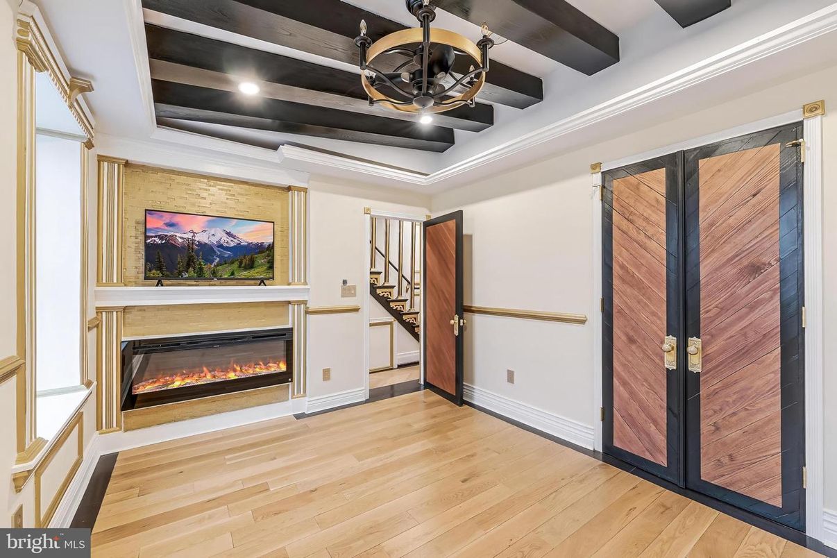 Fireplace, Interior, Recessed Lighting, Wooden Beams, Wood Texture Flooring