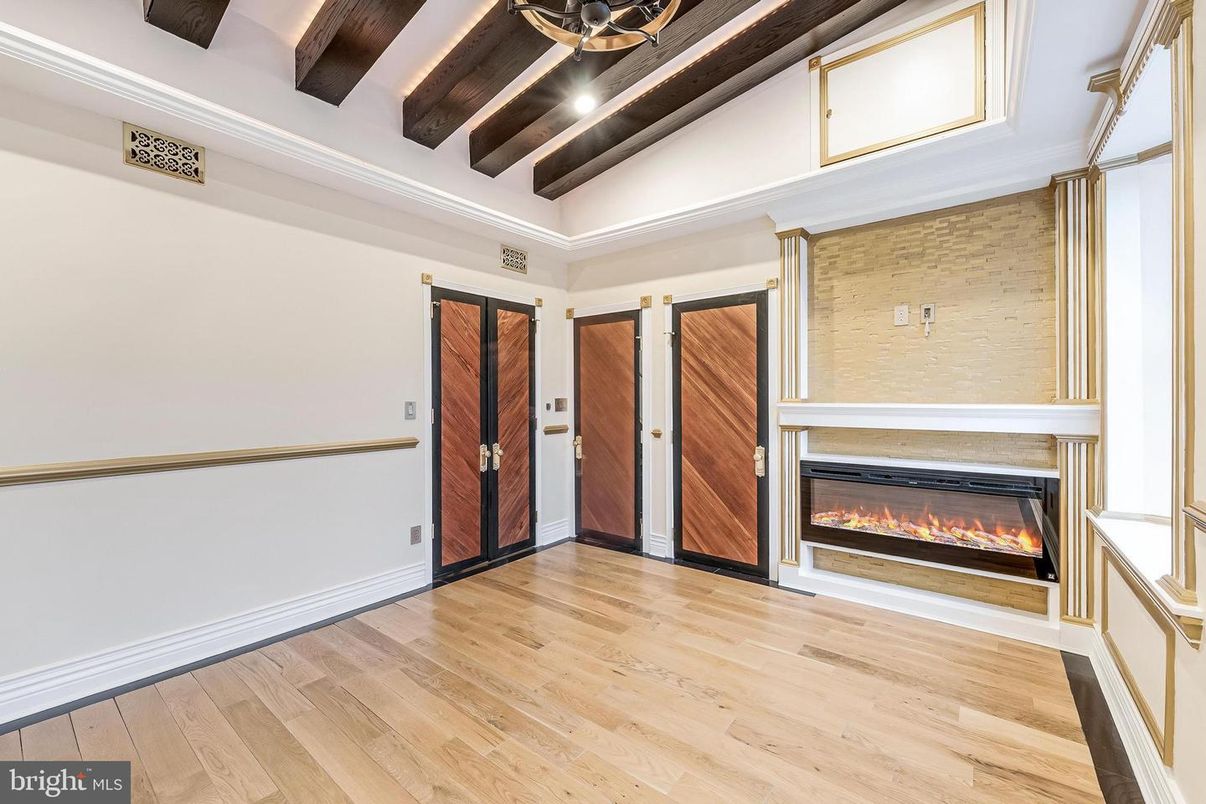 Empty room, Fireplace, Interior, Wooden Beams, Wood Texture Flooring