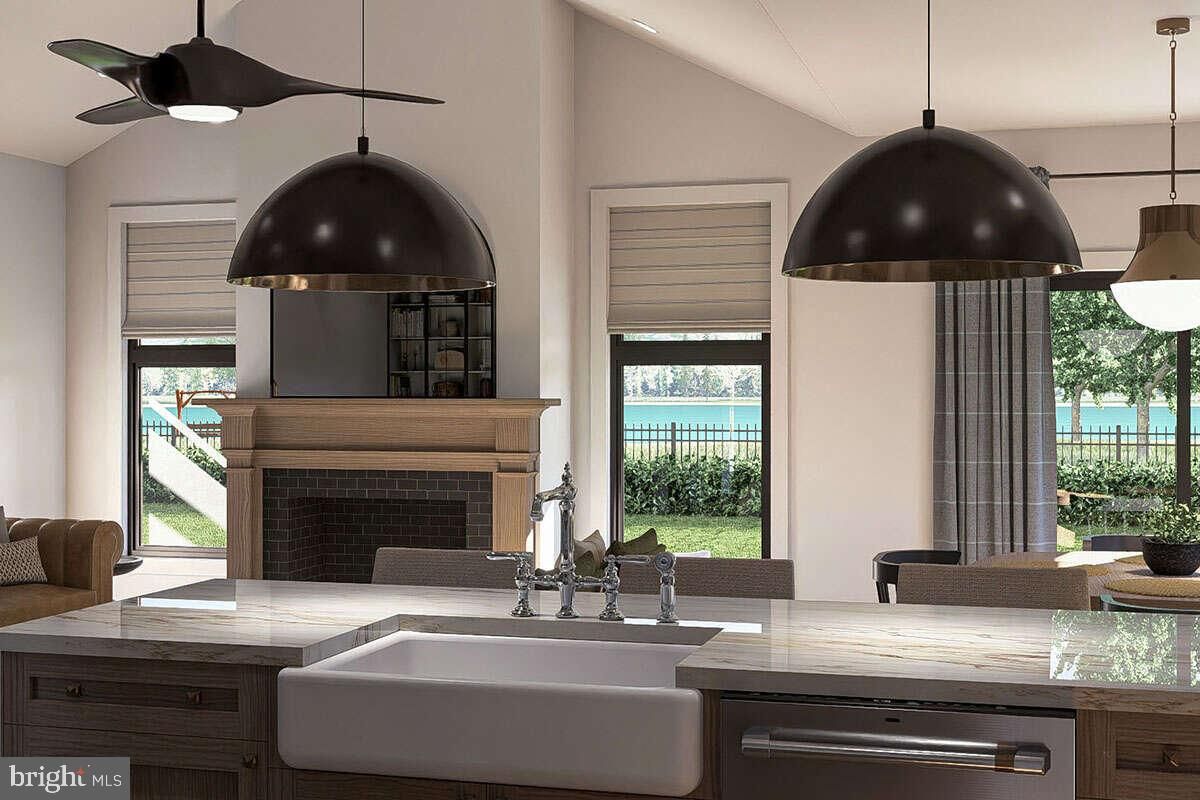 Fireplace, Interior, Kitchen, Pendant Lights, Recessed Lighting, Water