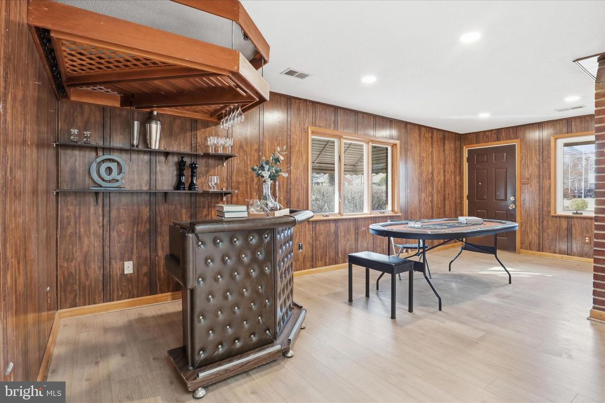 Game Room, Interior, Recessed Lighting, Wood Texture Flooring, Wooden Walls