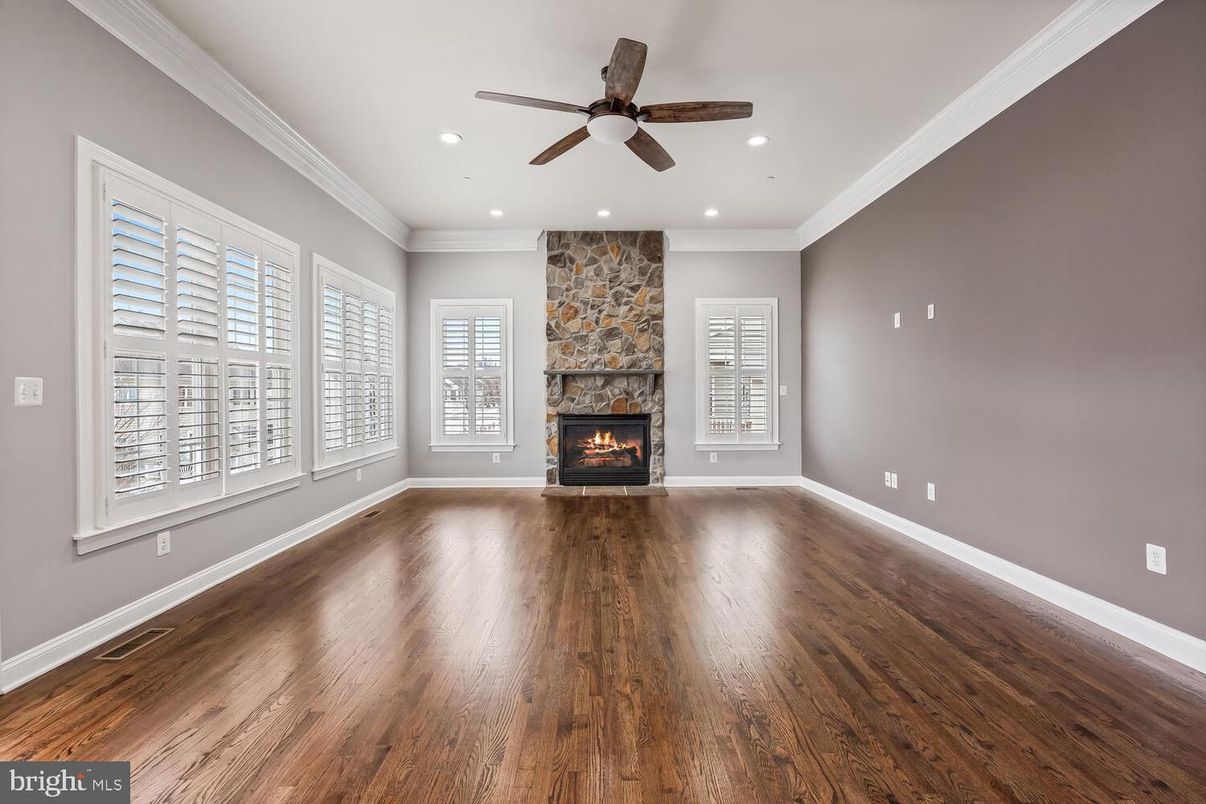 Empty room, Fireplace, Interior, Recessed Lighting, Wood Texture Flooring