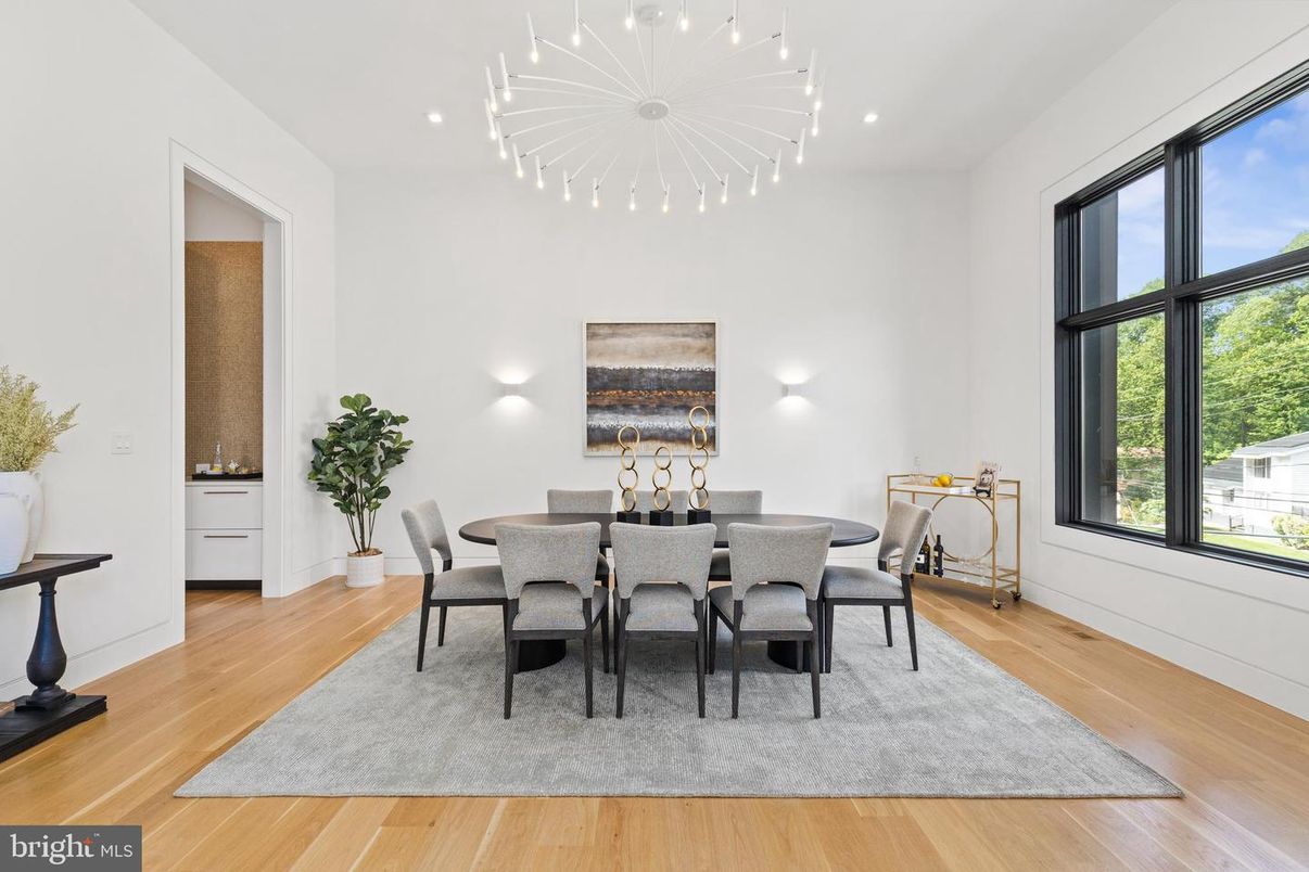 Dining room, Interior, Recessed Lighting, Wood Texture Flooring