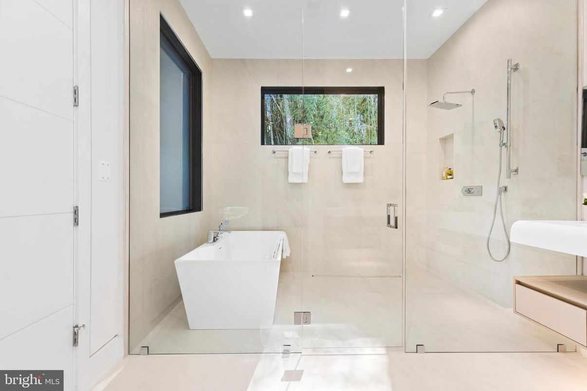 Bathroom, Free Standing Baths, Glass Shower, Interior, Marble Walls, Recessed Lighting