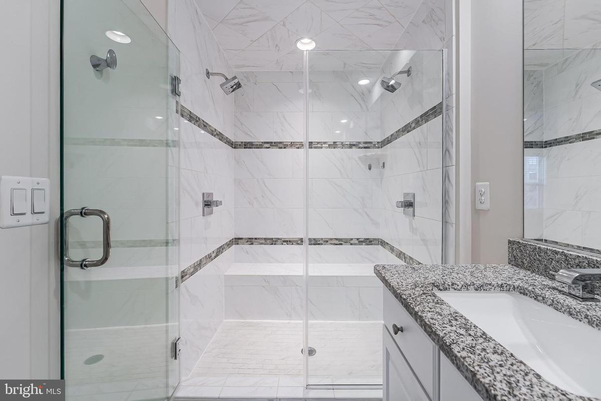 Bathroom, Glass Shower, Interior, Marble Walls, Recessed Lighting