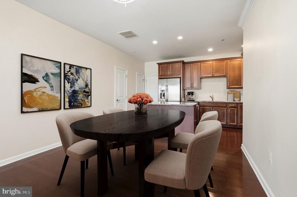 Dining room, Interior, Kitchen, Recessed Lighting, Stainless Steel Appliances, Wood Texture Flooring