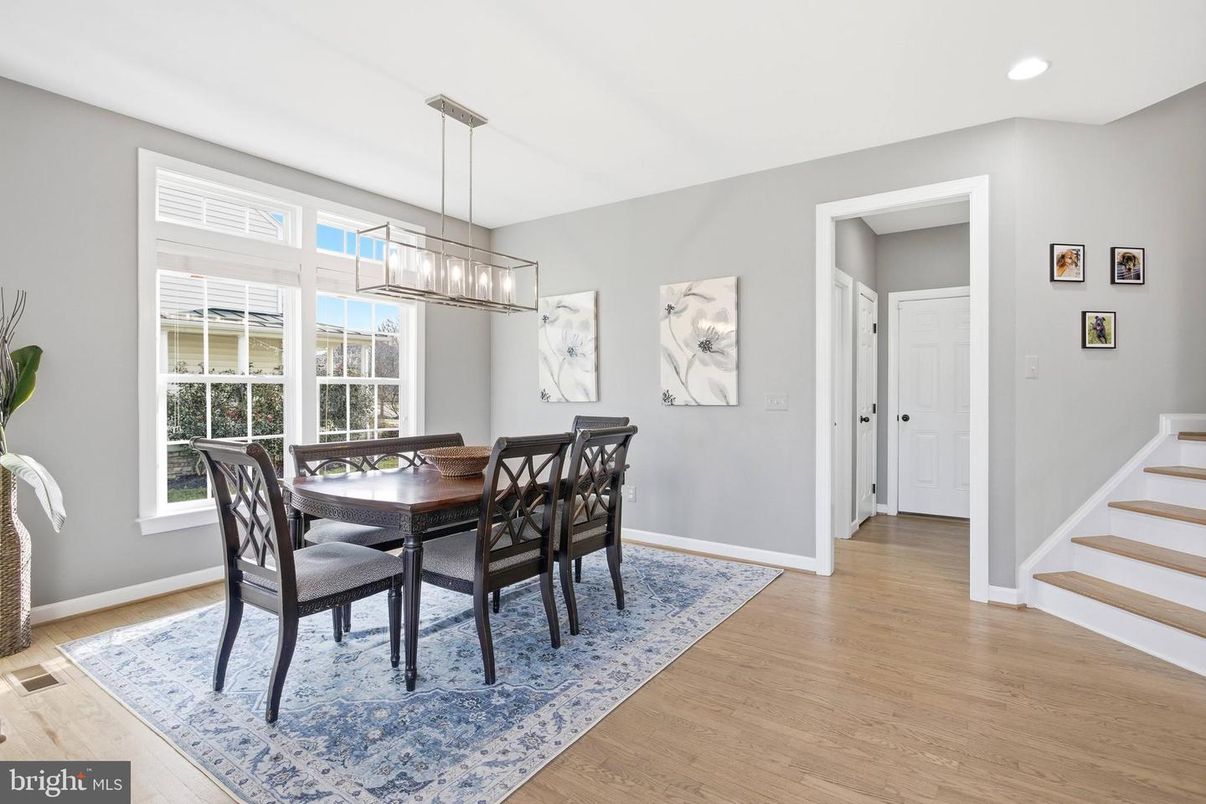 Dining room, Interior, Pendant Lights, Recessed Lighting, Wood Texture Flooring