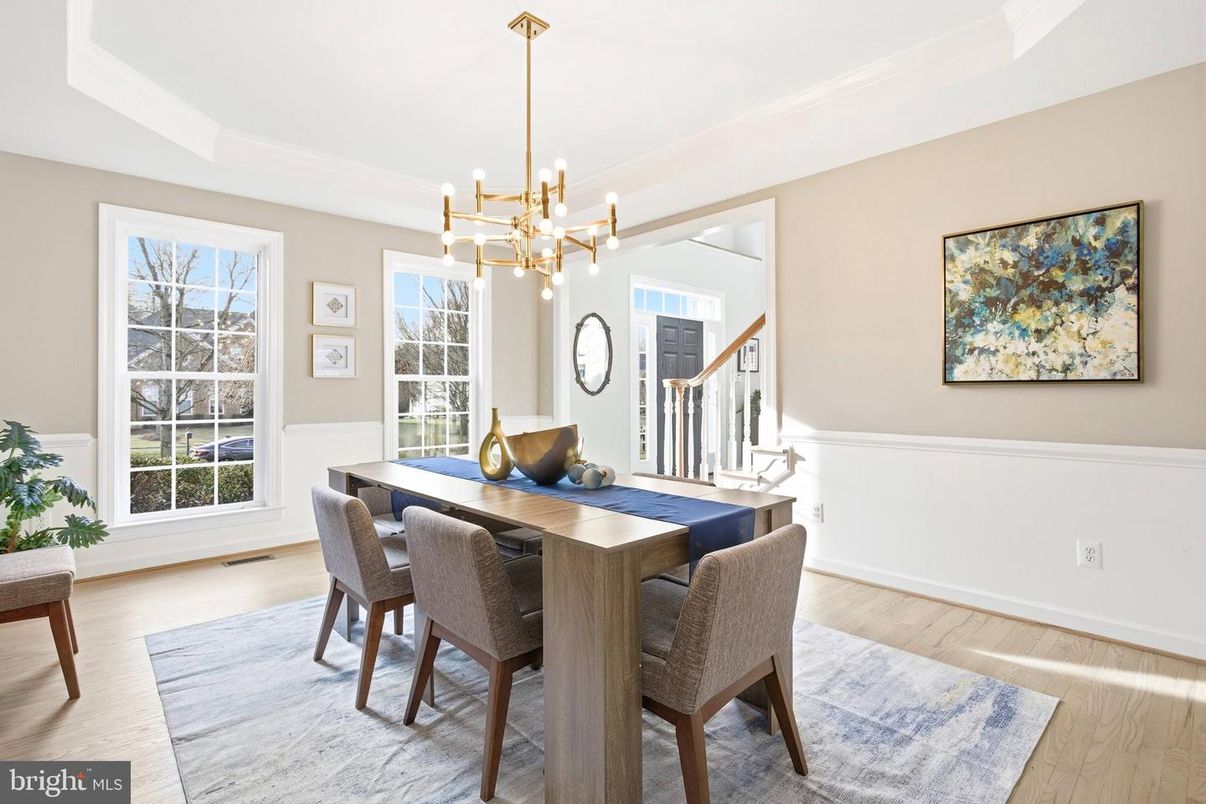 Dining room, Interior, Pendant Lights, Wood Texture Flooring