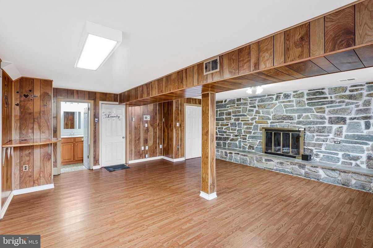 Empty room, Fireplace, Interior, Stone Walls, Wood Texture Flooring, Wooden Walls