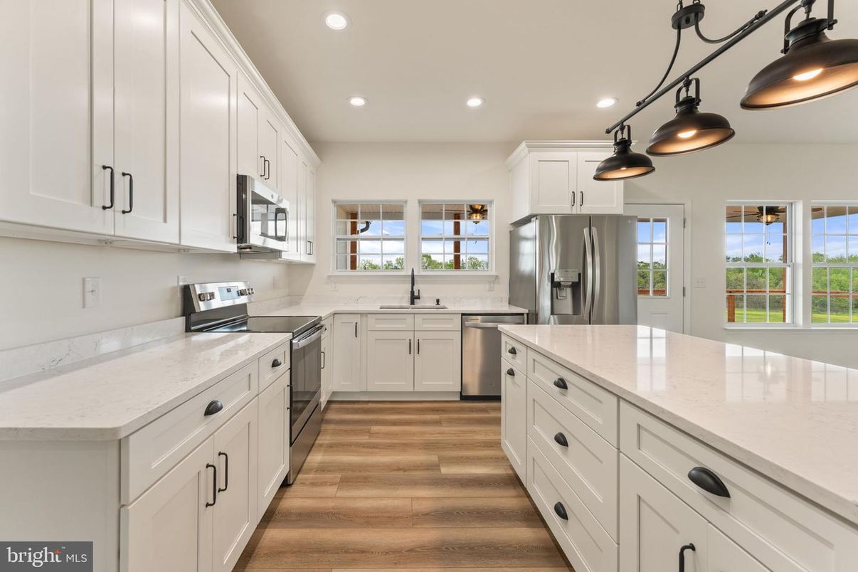 Interior, Kitchen, Pendant Lights, Recessed Lighting, Stainless Steel Appliances, Wood Texture Flooring