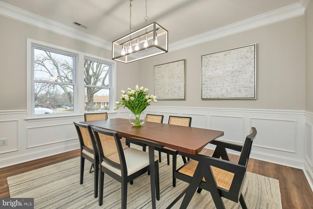 Dining room, Interior, Pendant Lights, Wood Texture Flooring