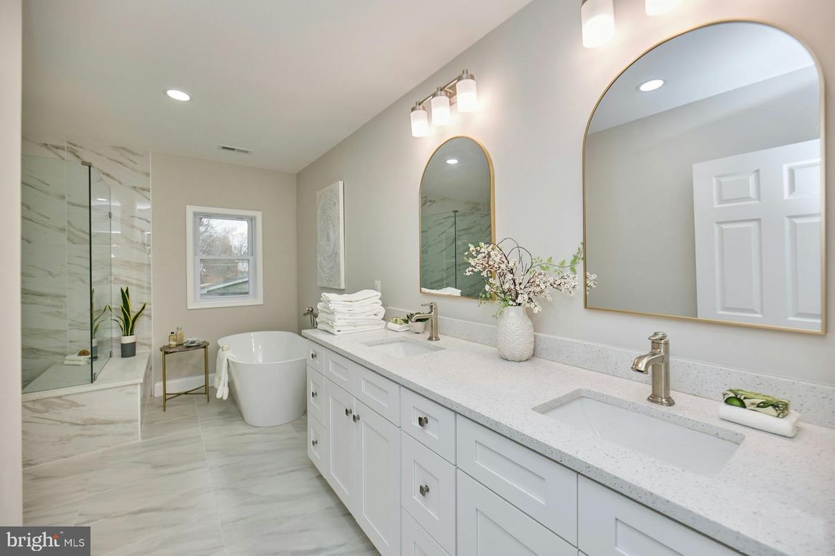 Bathroom, Dual Sink Vanities, Free Standing Baths, Glass Shower, Interior, Marble, Marble Walls, Recessed Lighting