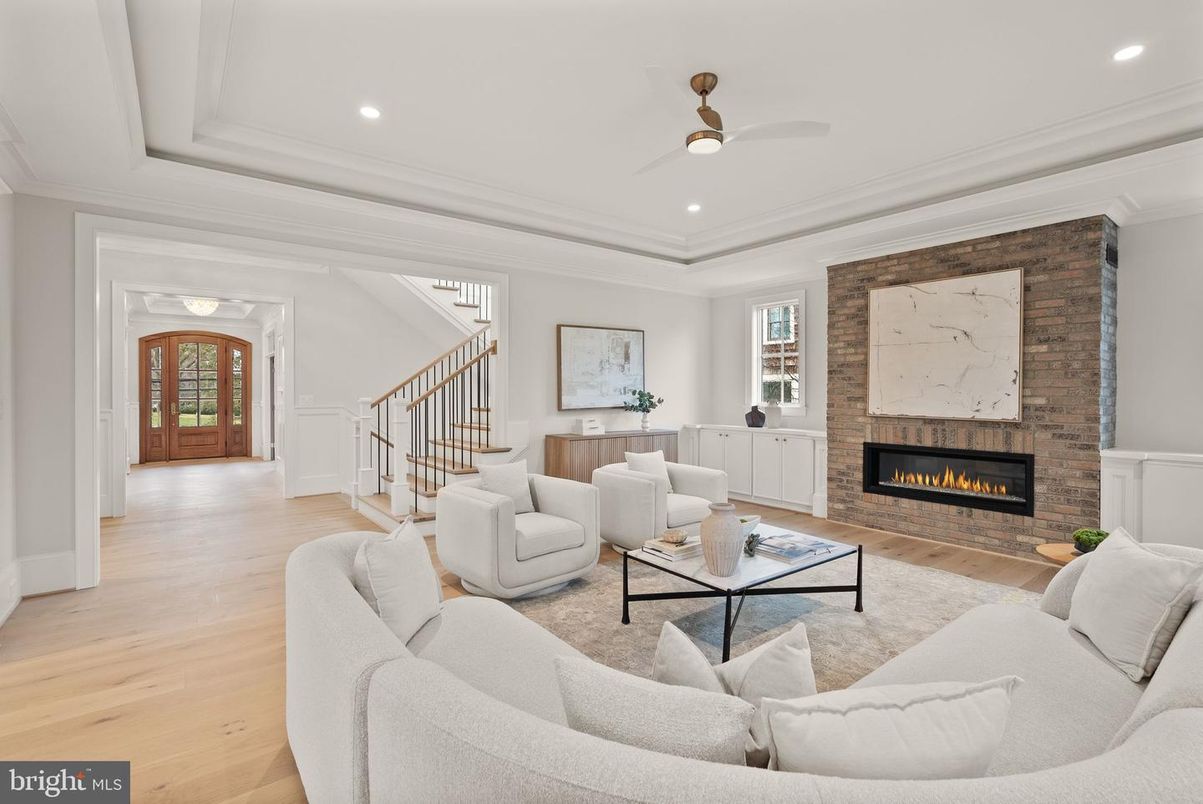 Fireplace, Interior, Living room, Recessed Lighting, Stone Walls, Wood Texture Flooring