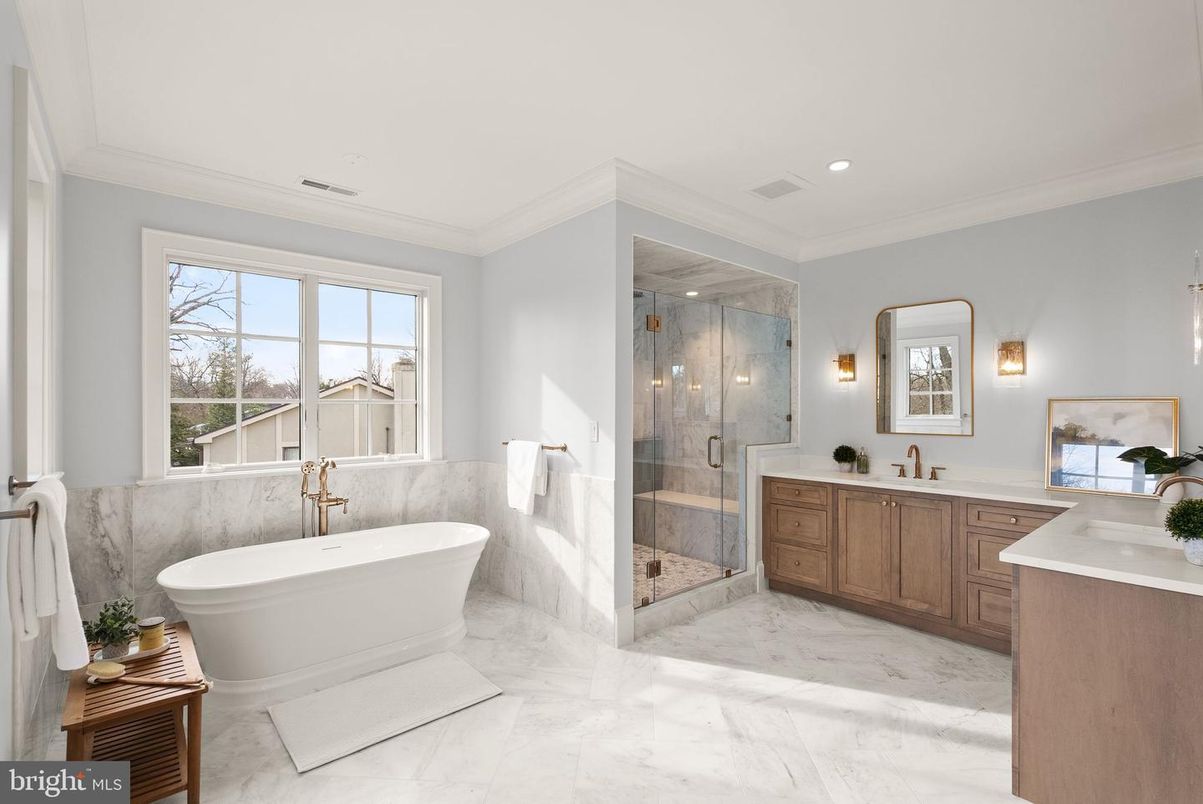 Bathroom, Dual Sink Vanities, Free Standing Baths, Glass Shower, Interior, Marble, Recessed Lighting