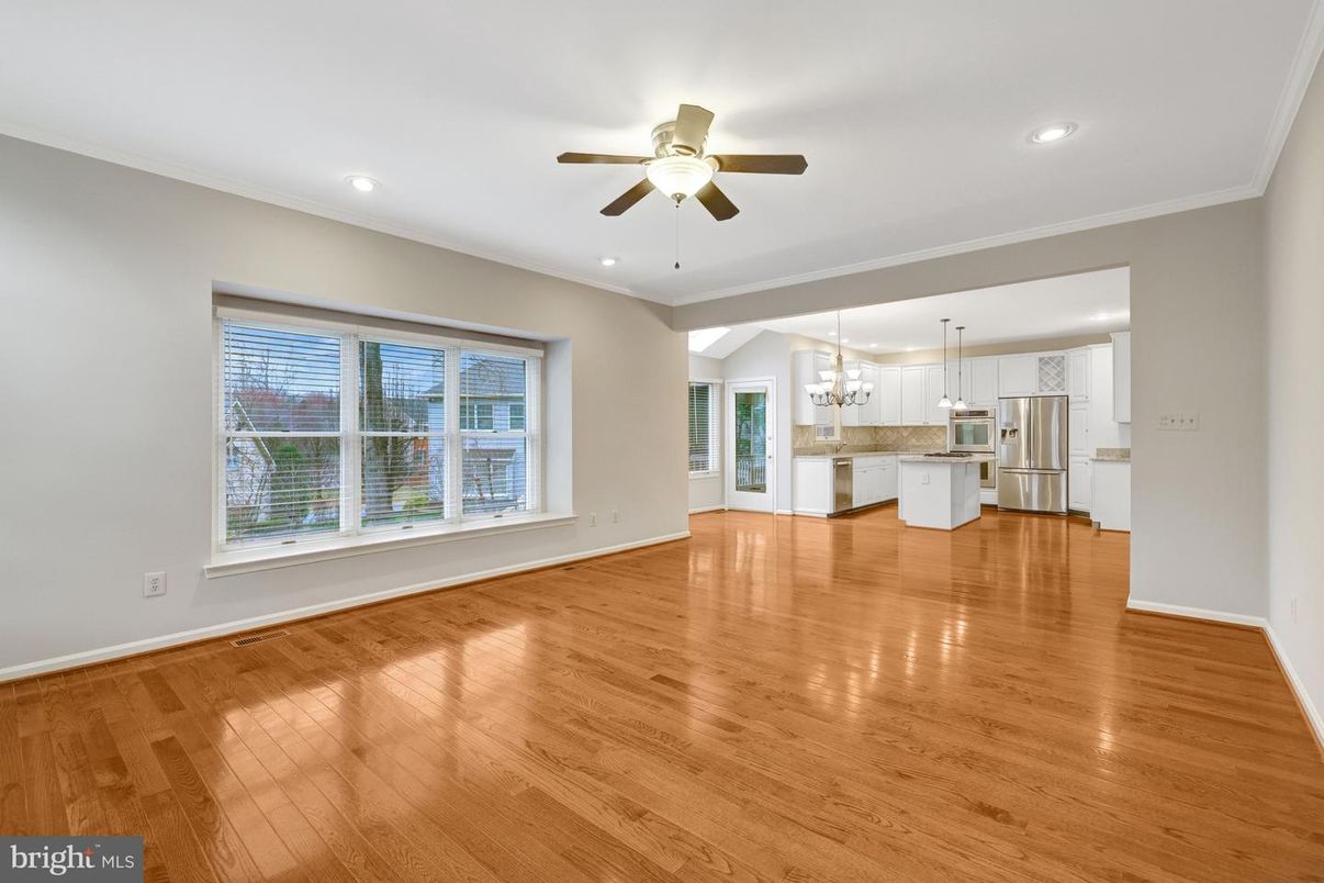 Empty room, Interior, Kitchen, Pendant Lights, Recessed Lighting, Wood Texture Flooring