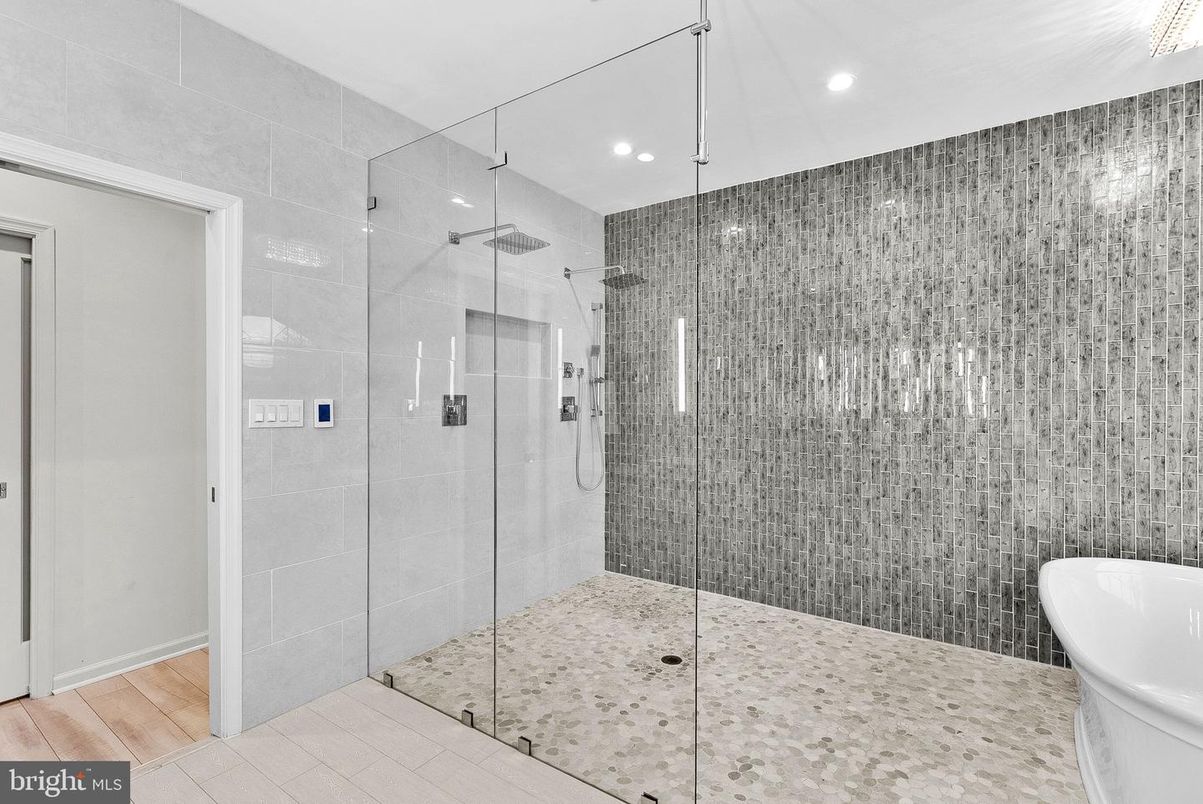 Bathroom, Glass Shower, Interior, Recessed Lighting, Wood Texture Flooring