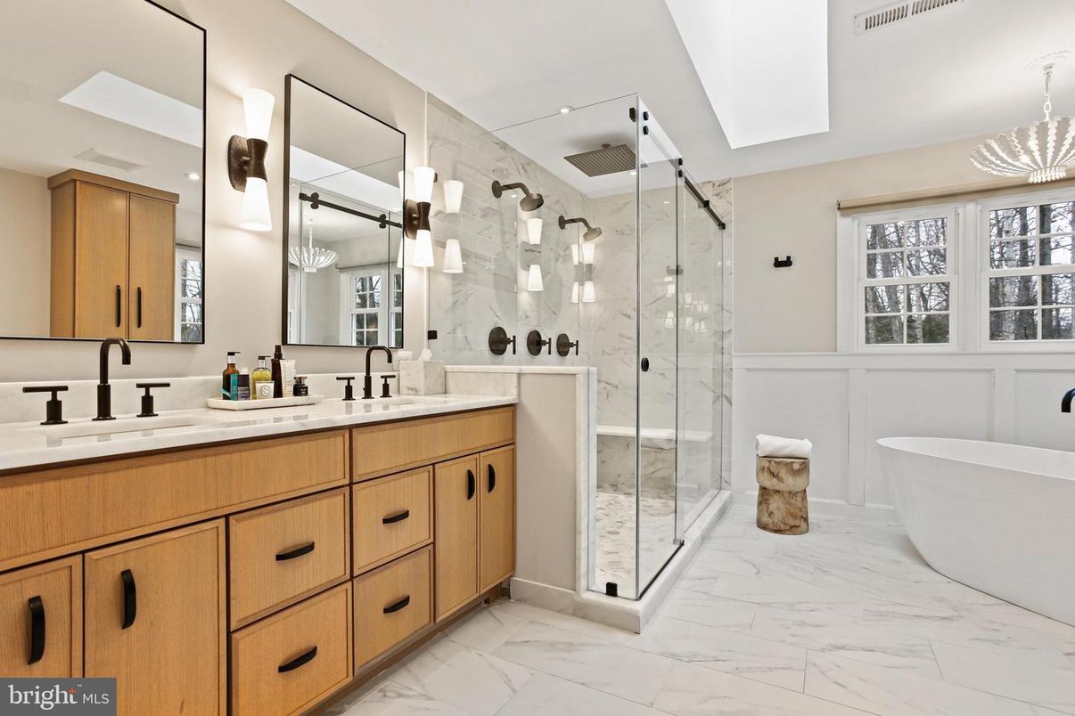Bathroom, Dual Sink Vanities, Free Standing Baths, Glass Shower, Interior, Marble, Marble Walls, Recessed Lighting