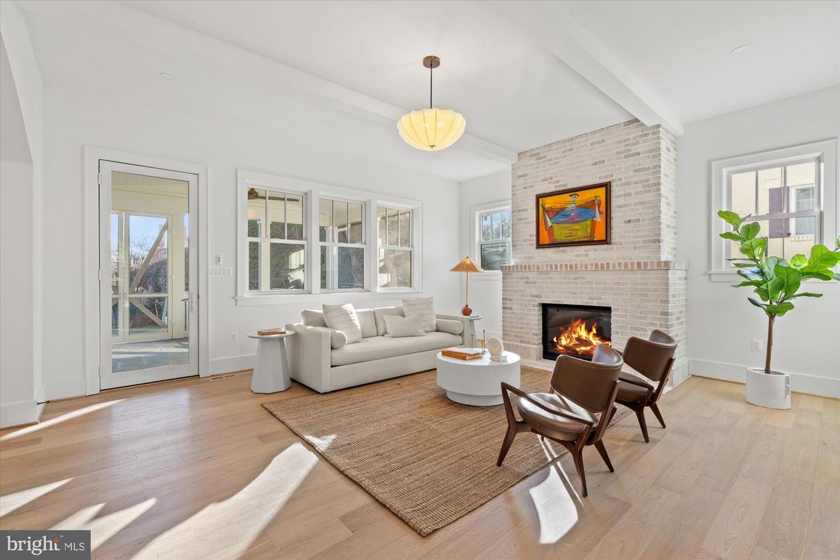 Fireplace, Interior, Living room, Pendant Lights, Stone Walls, Wood Texture Flooring