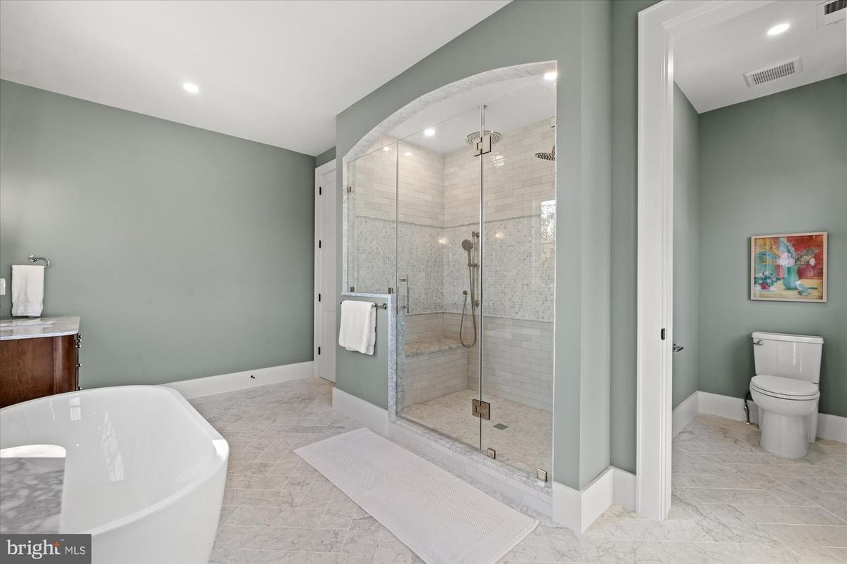 Bathroom, Free Standing Baths, Glass Shower, Interior, Marble, Recessed Lighting