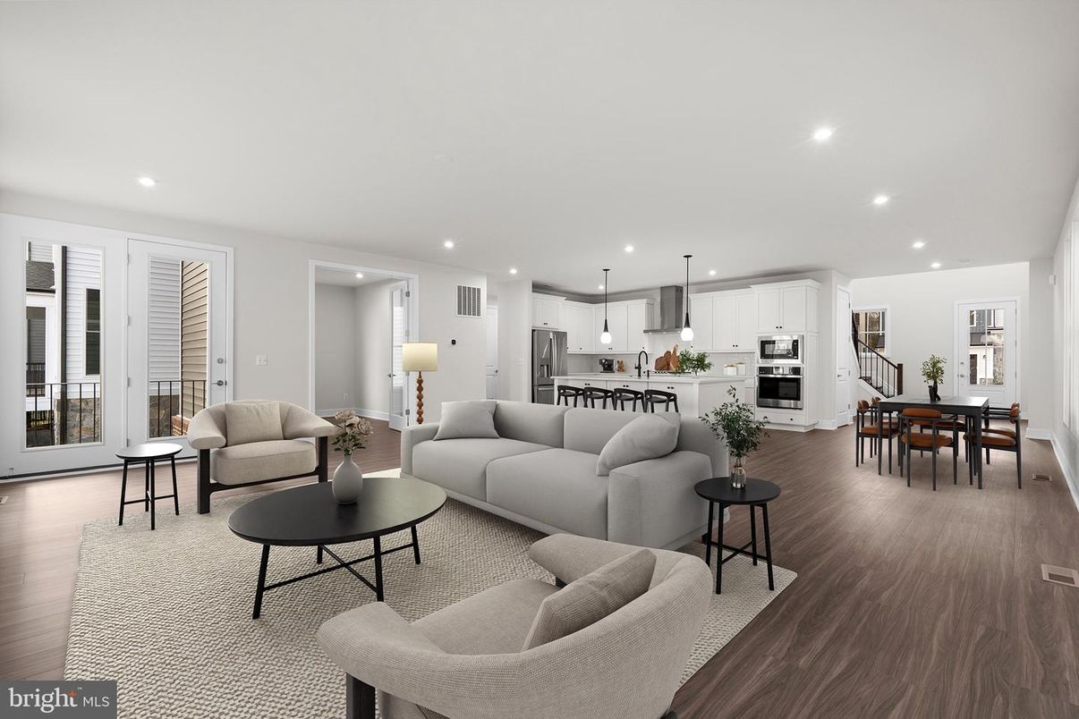 Dining room, Interior, Kitchen, Living room, Pendant Lights, Recessed Lighting, Stainless Steel Appliances, Wood Texture Flooring