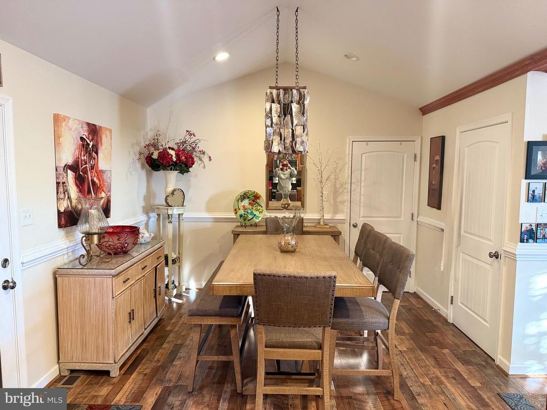 Dining room, Interior, Pendant Lights, Recessed Lighting, Wood Texture Flooring