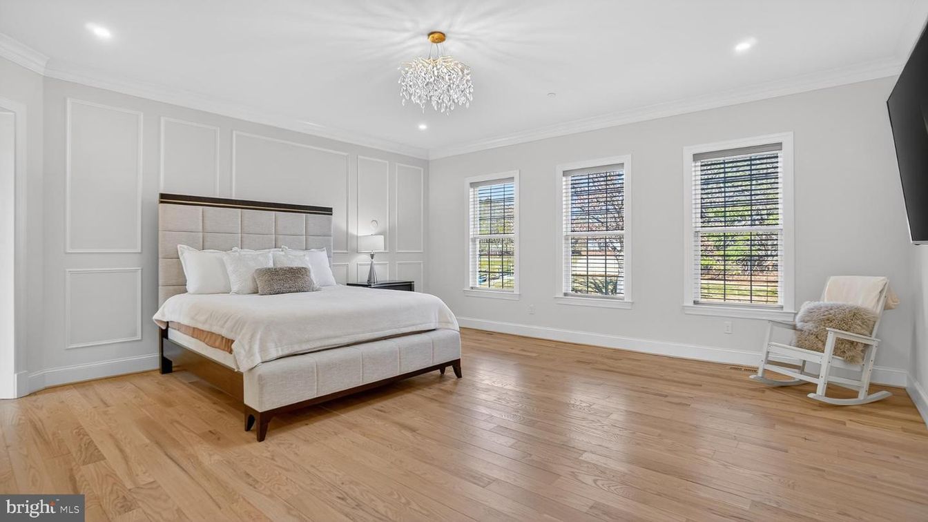 Bedroom, Chandelier, Interior, Recessed Lighting, Wood Texture Flooring