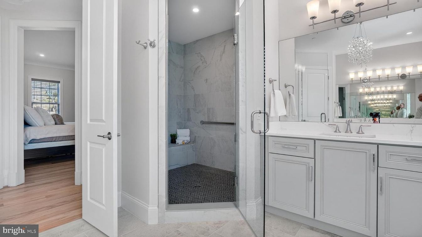 Bathroom, Bedroom, Glass Shower, Interior, Marble Walls, Recessed Lighting, Wood Texture Flooring