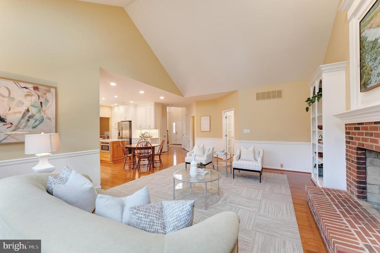 Dining room, Fireplace, Interior, Kitchen, Living room, Recessed Lighting, Wood Texture Flooring