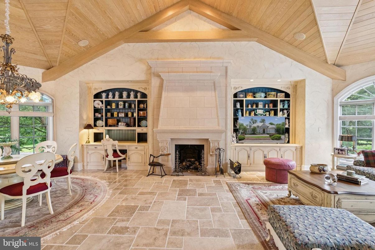 Chandelier, Fireplace, Home Office, Interior, Recessed Lighting, Wooden Beams, Wooden Ceilings