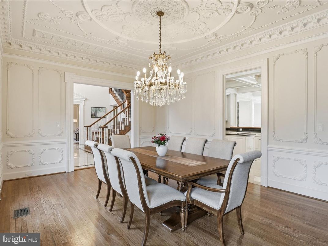 Chandelier, Dining room, Interior, Wood Texture Flooring