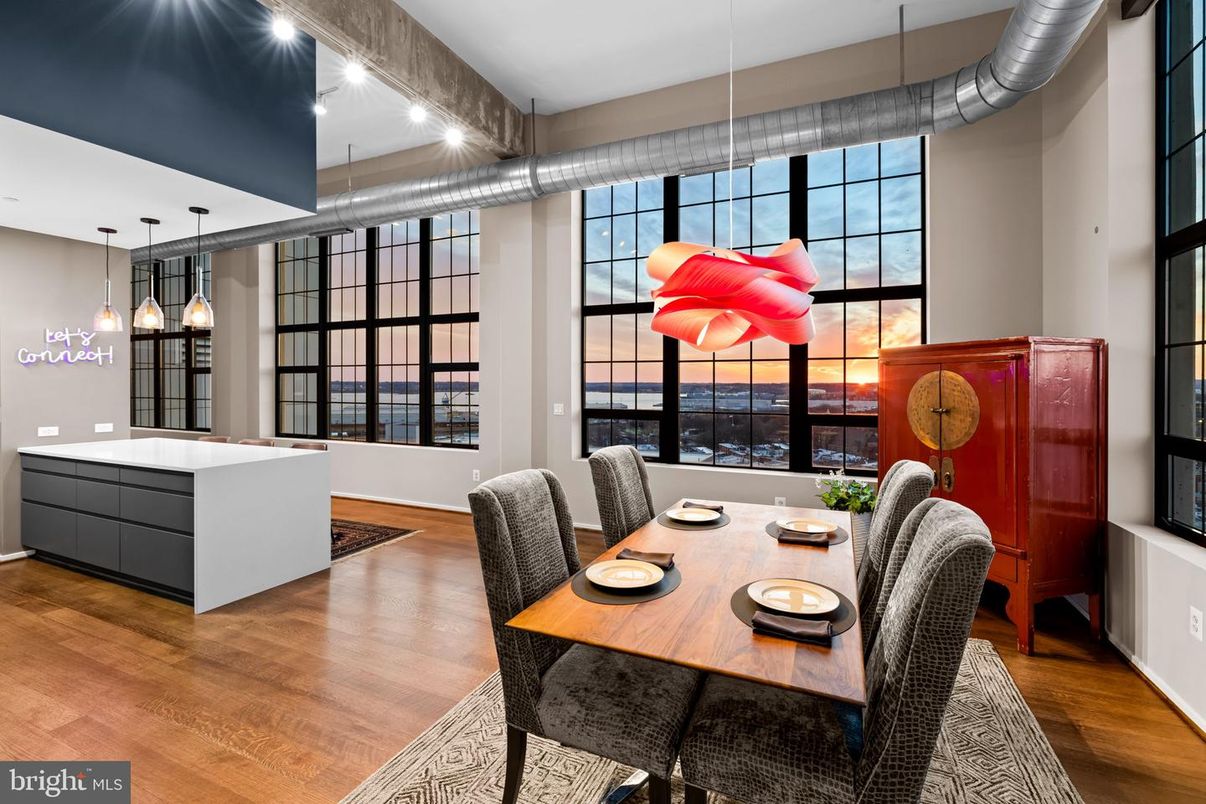 Dining room, Interior, Pendant Lights, Recessed Lighting, Wood Texture Flooring