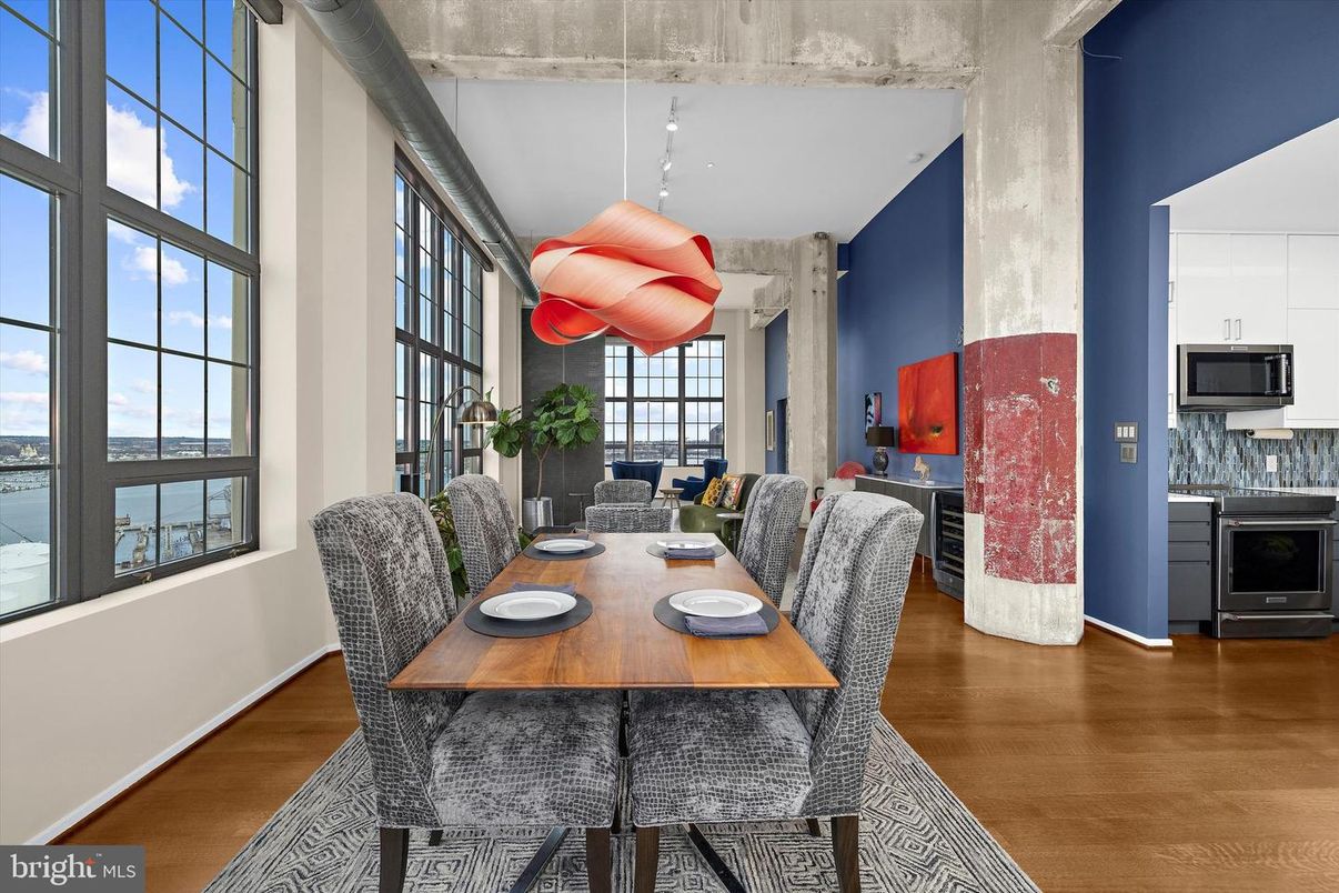Dining room, Interior, Kitchen, Pendant Lights, Wood Texture Flooring
