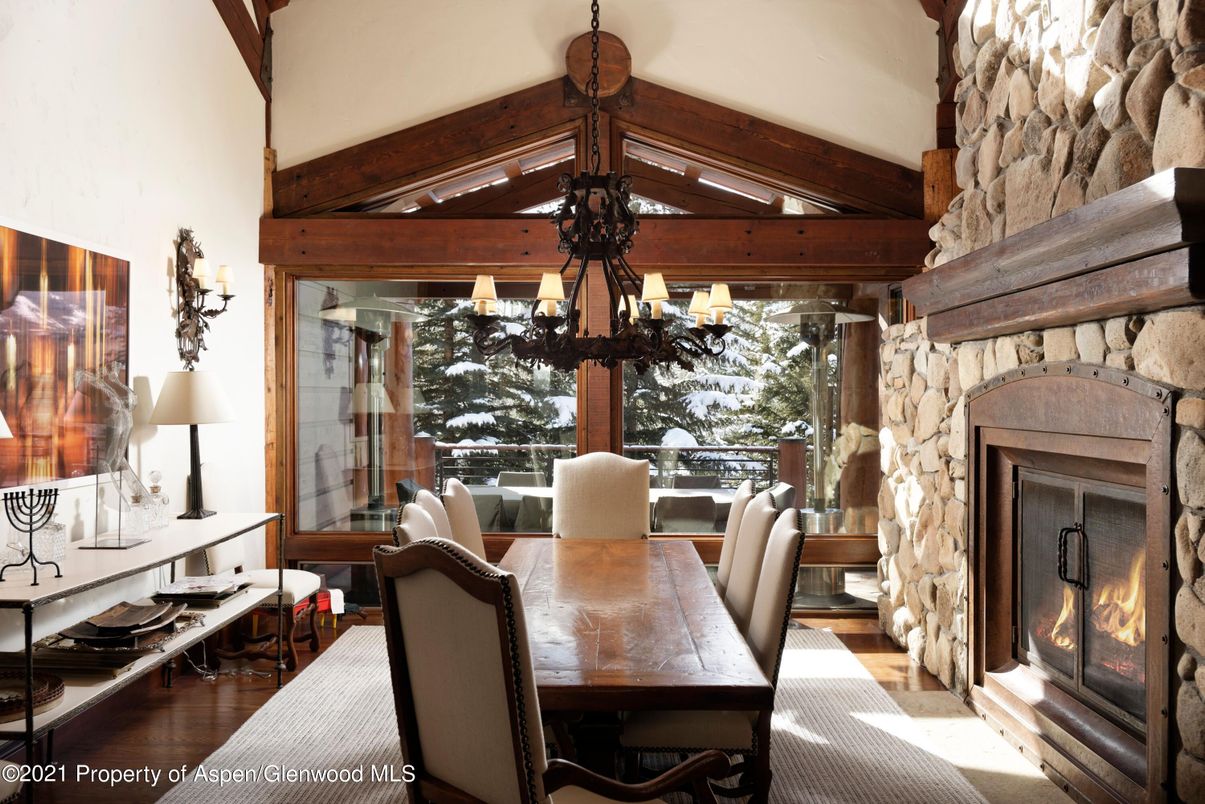 Chandelier, Dining room, Fireplace, Interior, Wooden Beams, Wood Texture Flooring