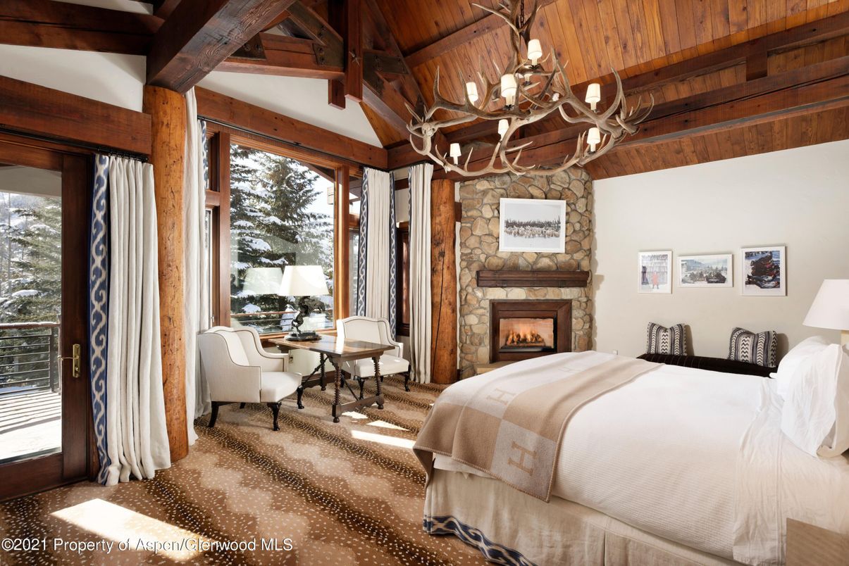 Bedroom, Chandelier, Fireplace, Home Office, Interior, Stone Walls, Wooden Beams, Wooden Ceilings