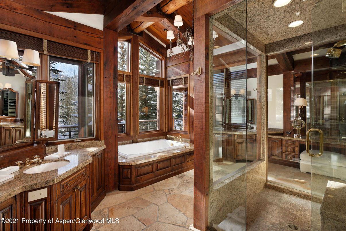 Bathroom, Glass Shower, Interior, Recessed Lighting, Wooden Beams